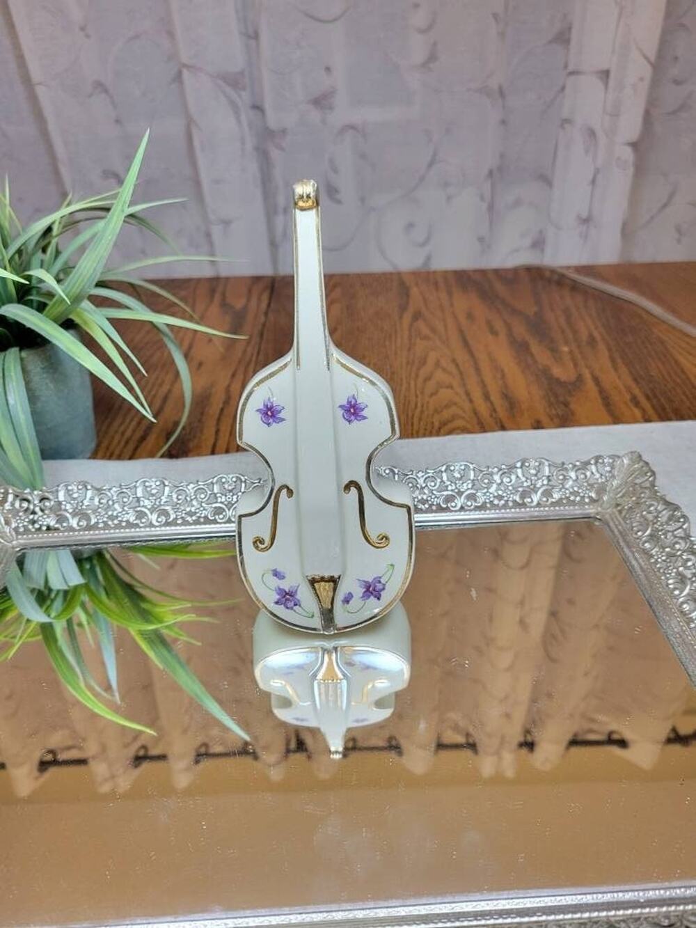 Vintage Moyer Pottery Violin Wall Pocket Vase Porcelain Purple Violets Gold Trim